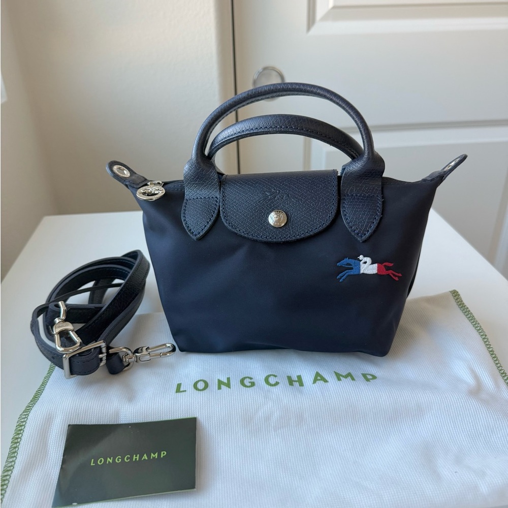 Longchamp Navy Mini Le Pliage Top-Handle Bag with Tricolor Horse Motif